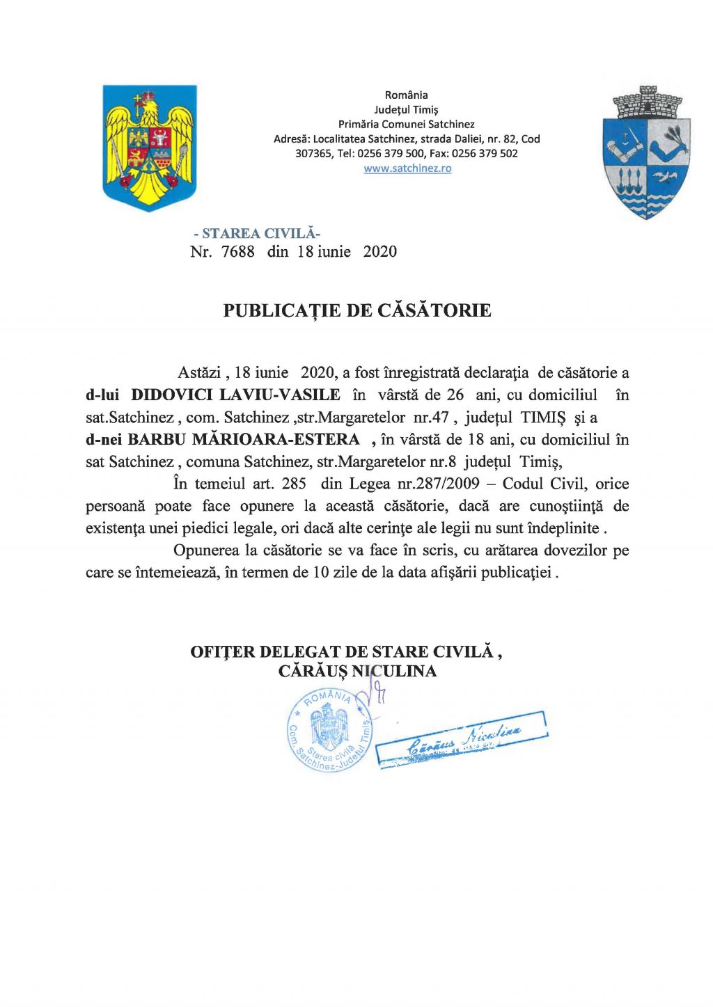 Publicație de căsătorie Didovici Laviu-Vasile cu Barbu Mărioara-Estera